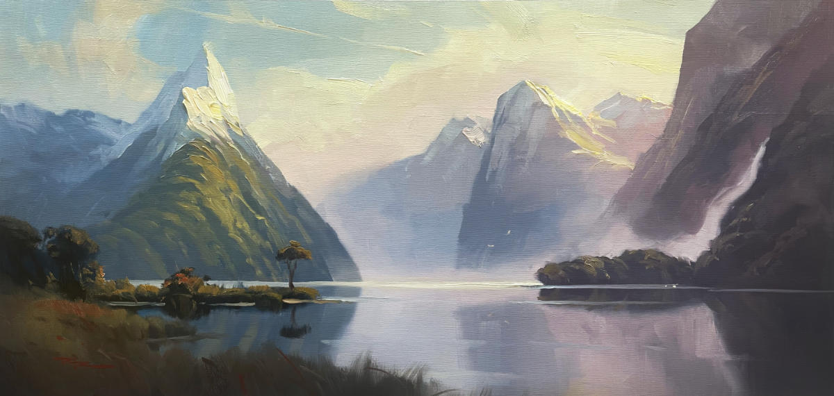 "Milford Sound 3" 13.5 x 28" Oil on Linen by Richard Robinson